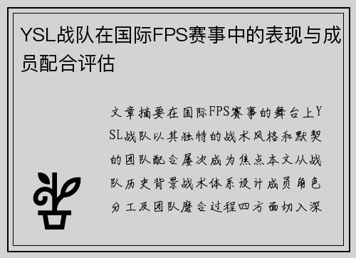 YSL战队在国际FPS赛事中的表现与成员配合评估