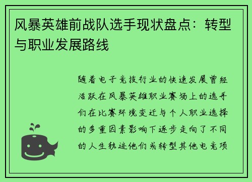 风暴英雄前战队选手现状盘点：转型与职业发展路线